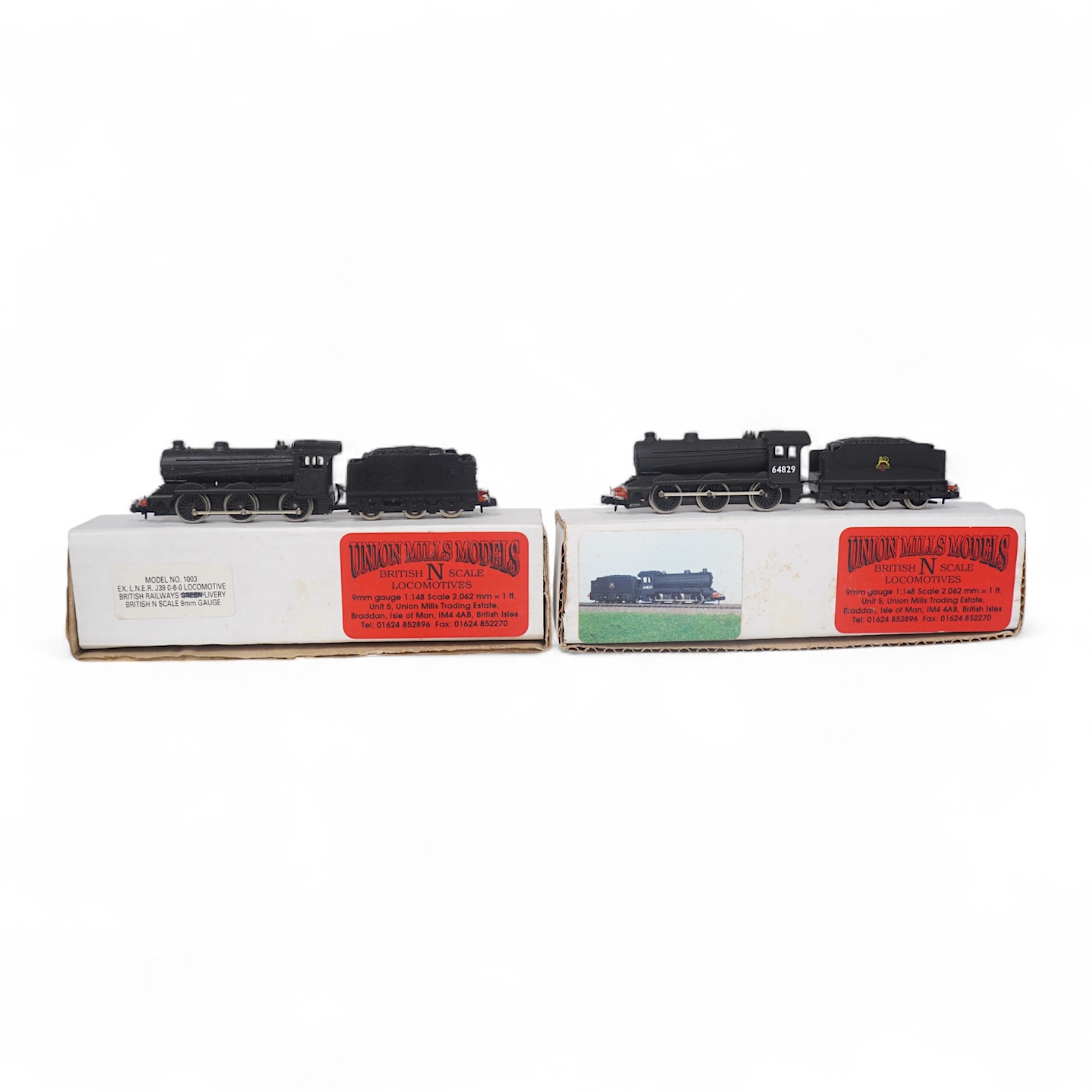 Two boxed Union Mills Models N gauge railway LNER/BR locomotives; a Class J39, and a Class J39, 64829. Condition - good.